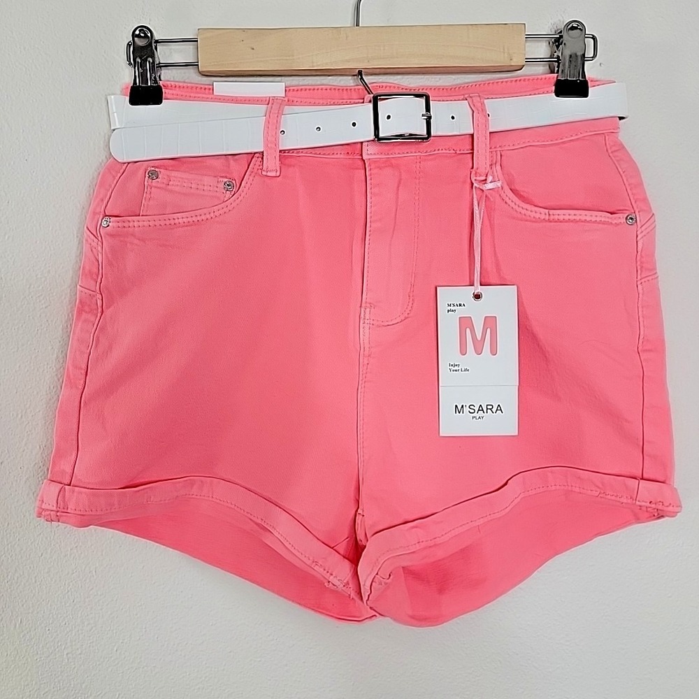 M'Sara Neon Pink High Rise Stretch Shorts NWT Medium Belted